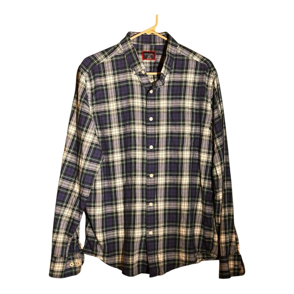 Untuckit Navy and Green Plaid Button Front Preston Ridge Shirt Size Large